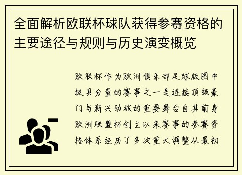 全面解析欧联杯球队获得参赛资格的主要途径与规则与历史演变概览